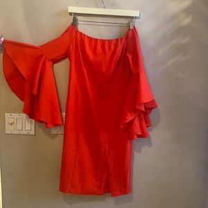 Orange off shoulder dress w slit Great condition.